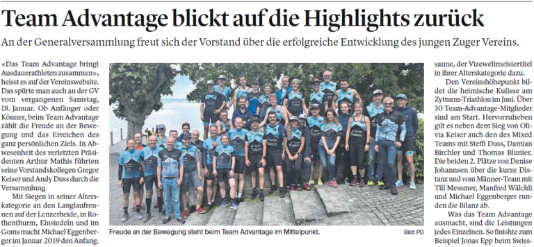 «Team Advantage blickt auf die Highlights zurück» – Zuger Zeitung, 23. Januar 2020