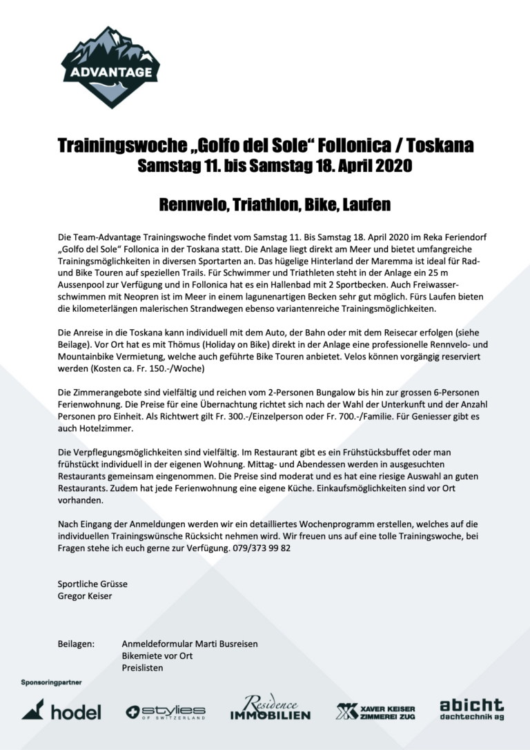 Anmeldung Trainingslager Follonica 2020