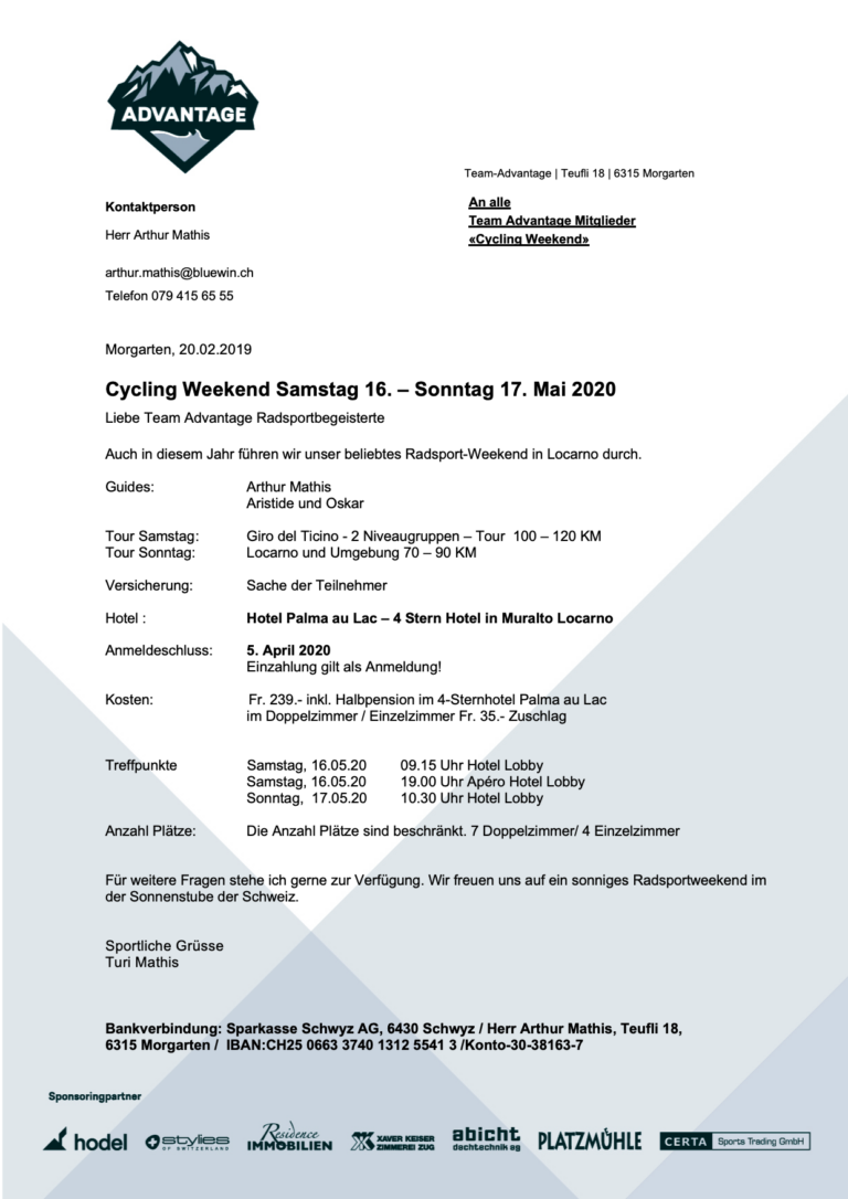 Trainingsweekend: «Cycling» Locarno