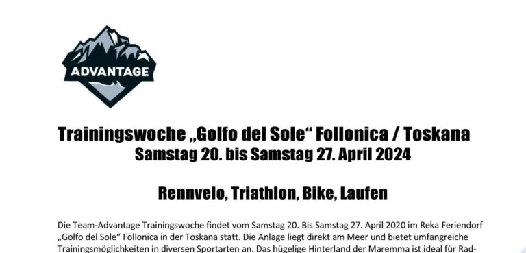 Anmeldung: Trainingswoche „Golfo del Sole“ Follonica / Toskana